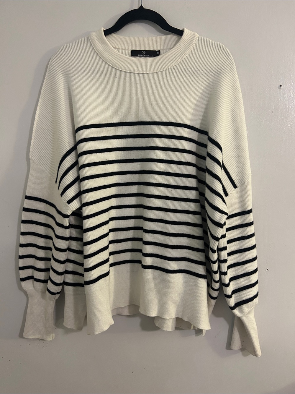 White and Black Striped Crewneck Sweater - Classic Everyday Knit
